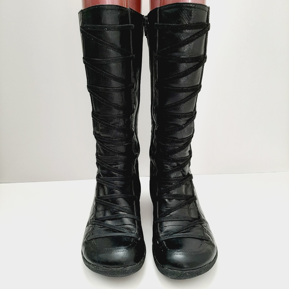 MIZ MOOZ Otis Tall Wedge Heel Boots Black Leather Corset Lace-up EU 39 US 8.5